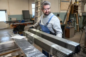 The engineer holding parts of the plate heat exchanger